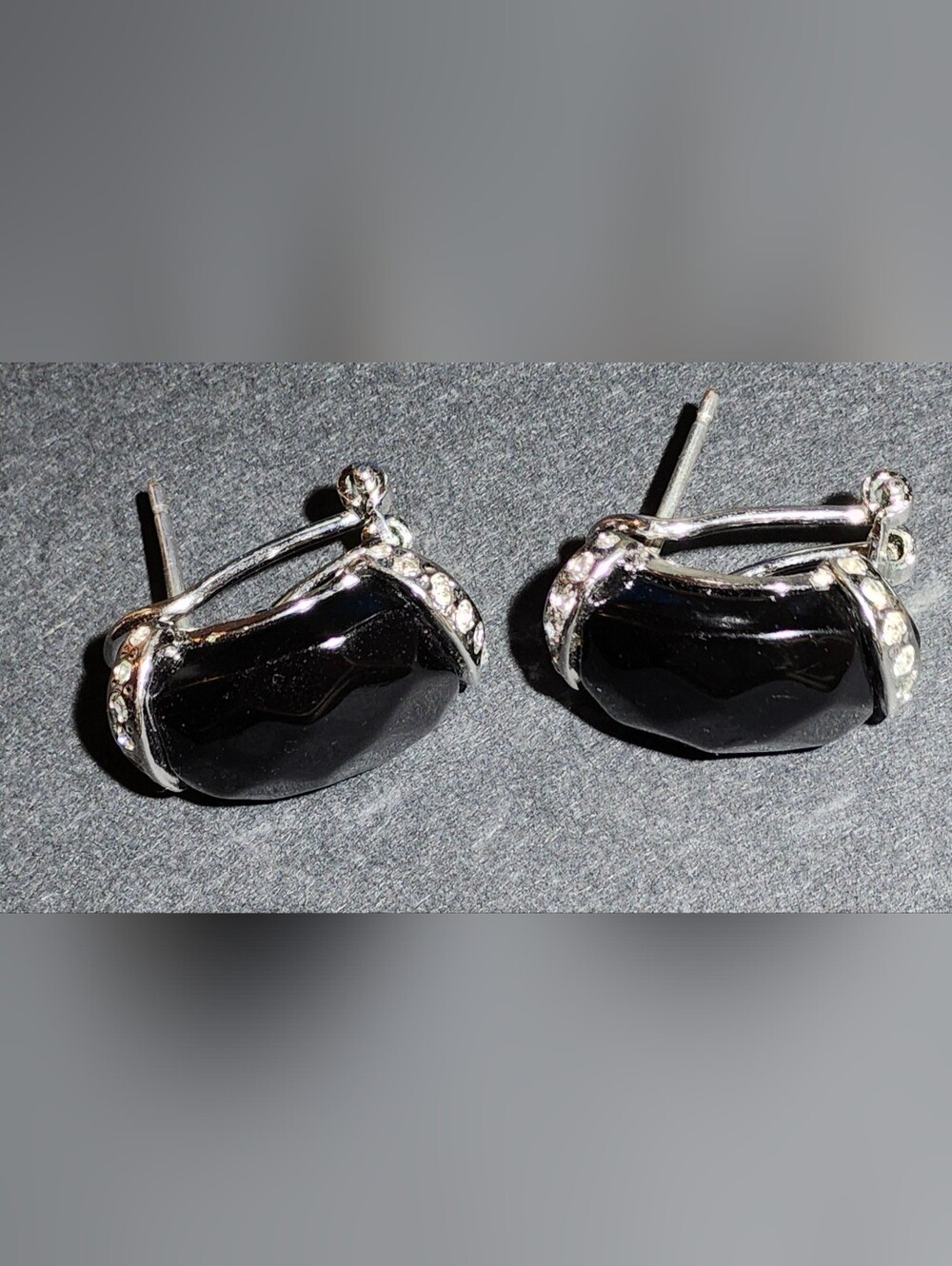 Vintage Italian Sterling Silver Whitby Jet and Cz Huggie Earrings